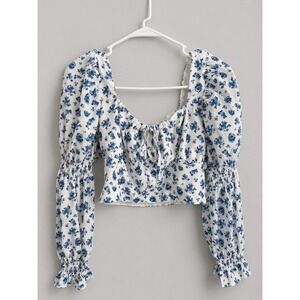 Romantic Blue Floral Milkmaid Corset Top Coquette Cottagecore Puff Sleeve Fairy